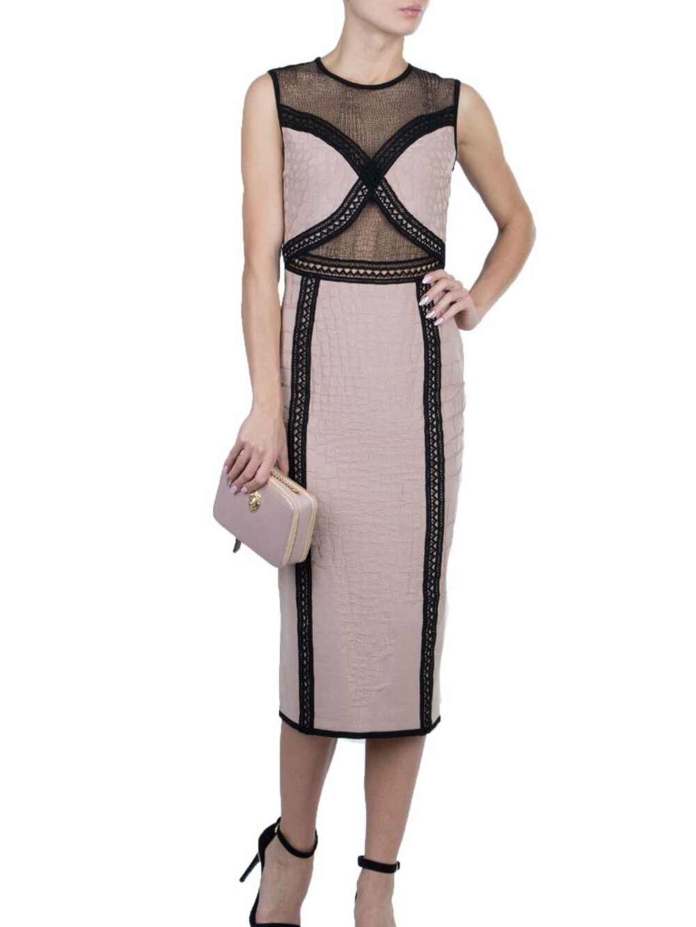 Roberto Cavalli Nude Snakeskin-Jacquard Knit Lace-Trim Dress